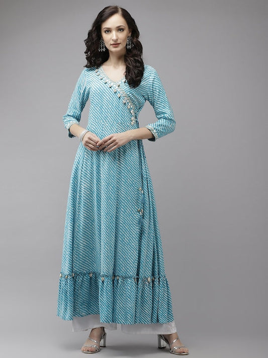 Yufta Women Turquoise Blue Leheriya Printed Kurta