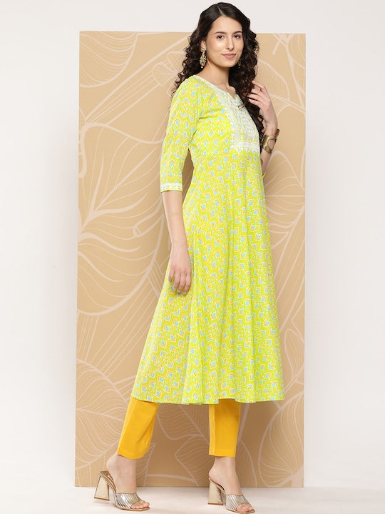 Yufta Ethnic Motifs Printed Thread Work Detail Cotton A-Line Kurta with Trousers & Dupatta