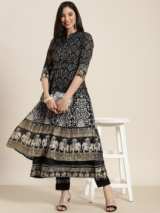 Juniper Women Black Ethnic Motifs Printed Georgette Kurta