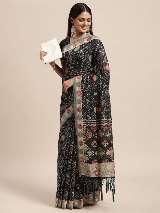 Janasya Black & White Bagru Printed Saree