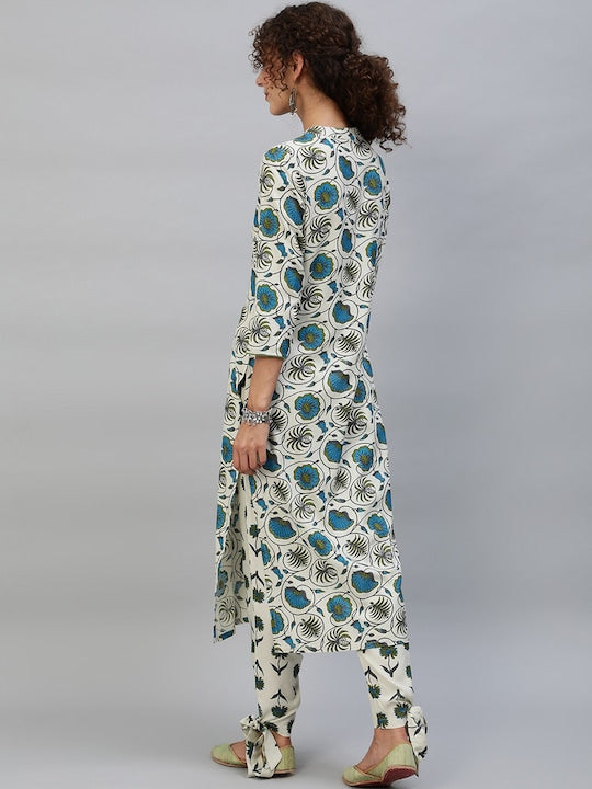 AKS Floral Printed Band Collar Regular Kurta with Trousers