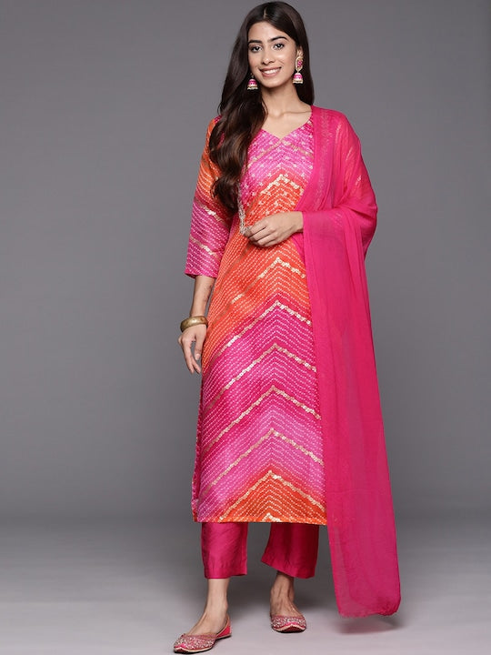 Varanga Bandhani Printed Regular Kurta with Trousers & With Dupatta