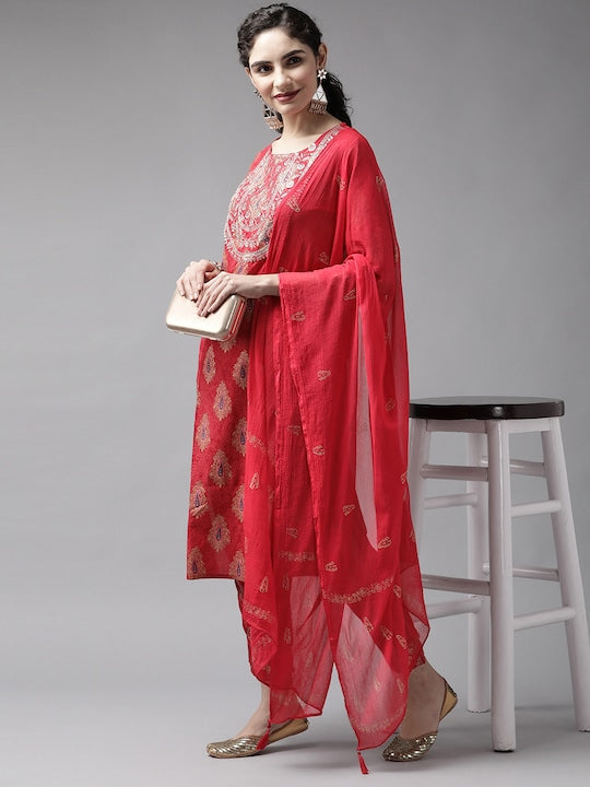 Yufta Women Red & Beige Paisley Print Gotta Patti Kurta with Trousers & Dupatta