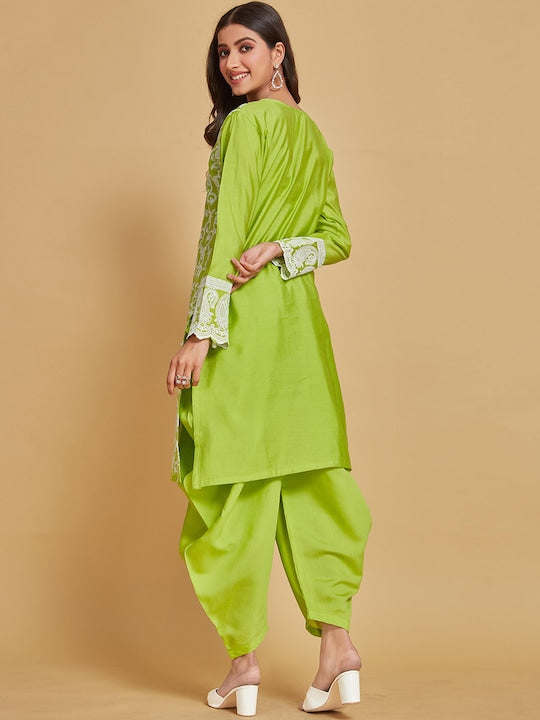 Sangria Green Floral Embroidered Pure Cotton Straight Kurta & Dhoti Pant