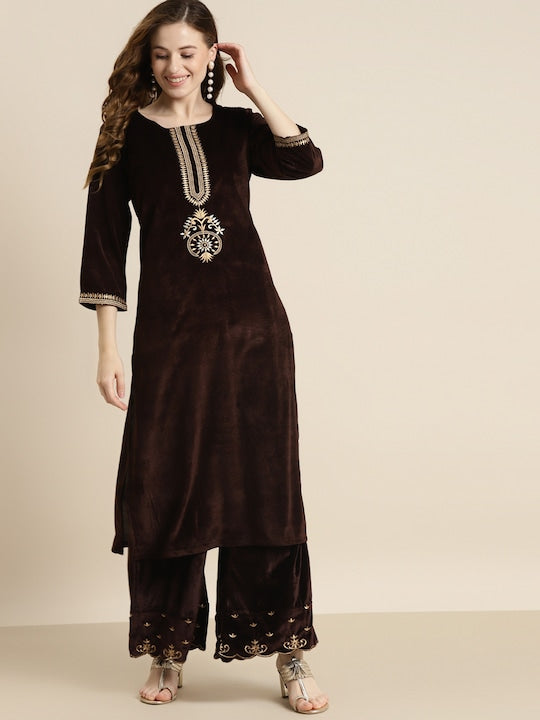 Shae by Sassafras Women Brown & Gold-Toned Ethnic Motifs Embroidered Velvet Kurta