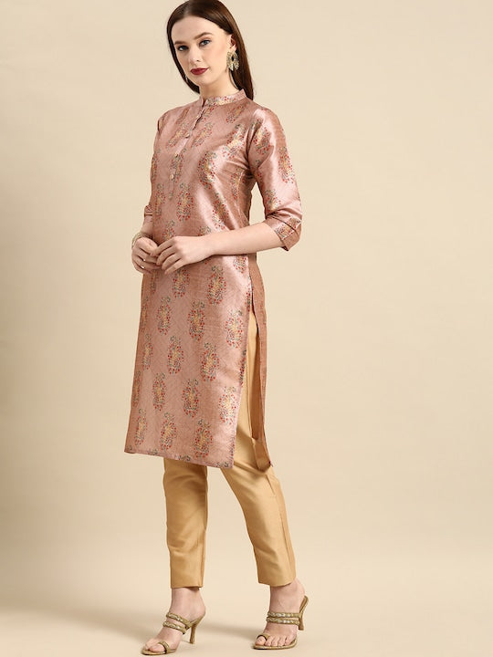 All about you Women Pink Paisley Print Mandarin Collar Pastels Chanderi Silk Blend Kurta