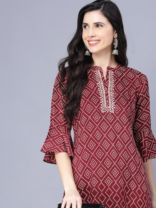 Myshka Women Maroon & White Ethnic Motifs Printed Flared Sleeves Kurta