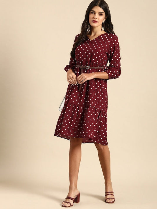 All about you Women Maroon & White A-Line Polka Dot Printed A-Line Dress With A Belt