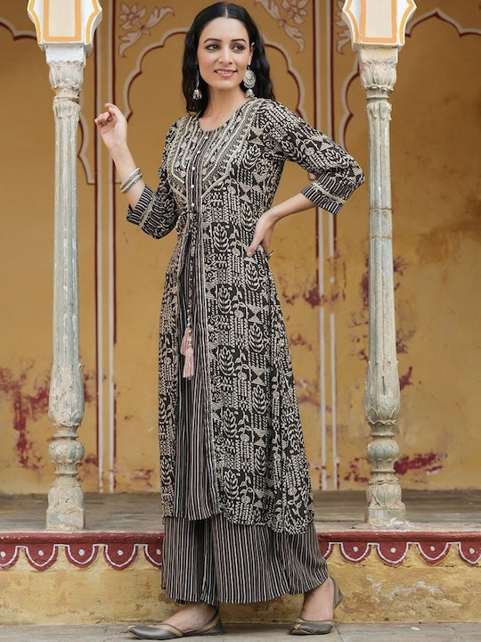 Juniper Women Ethnic Motifs Embroidered Viscose Rayon A-Line Kurta with Palazzos
