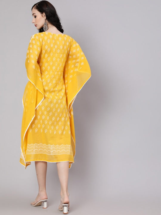 AKS Round Neck Ethnic Motifs Printed Kaftan Slit Sleeve Asymetric Cotton Midi Dress