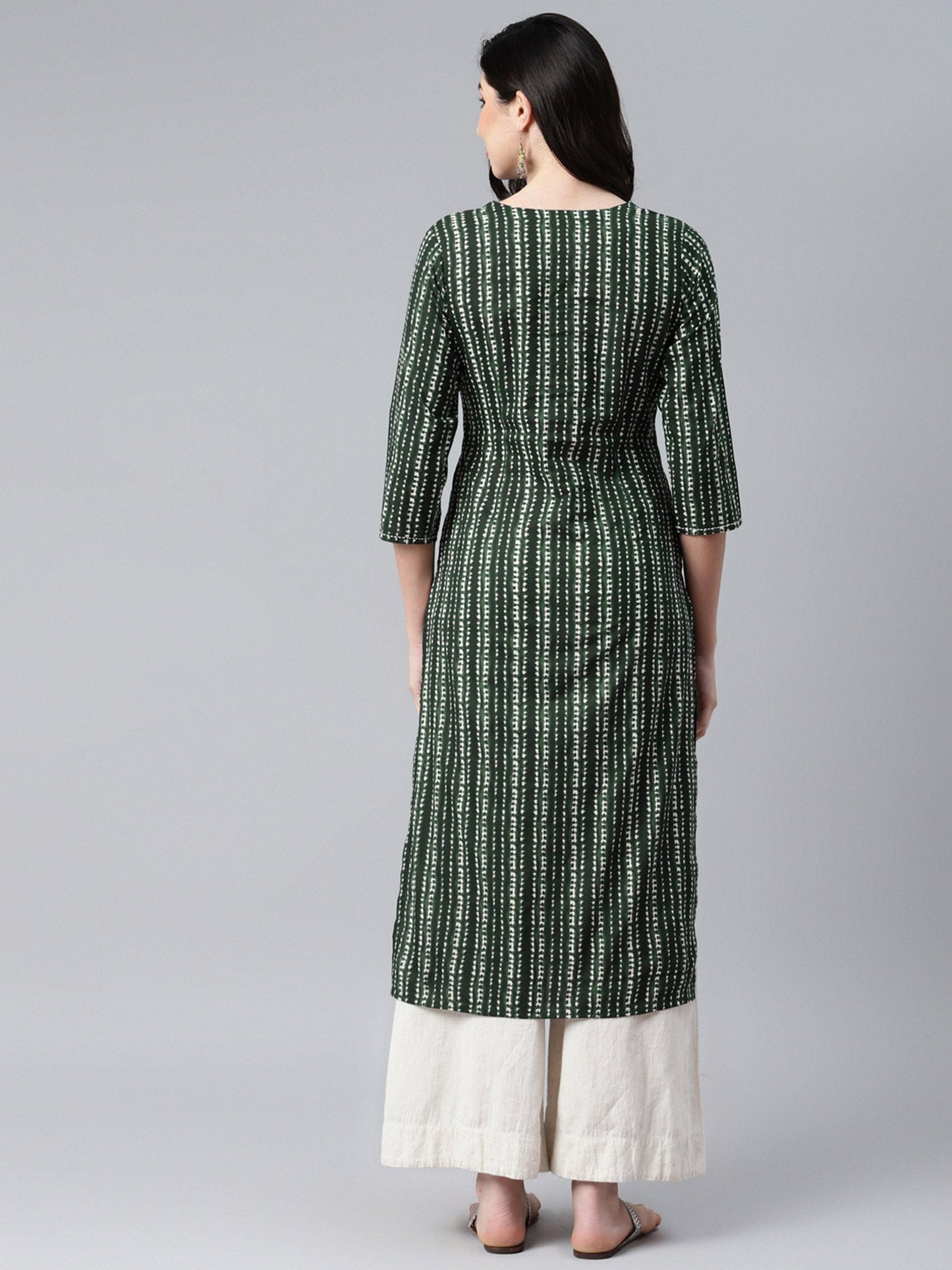 PIROH Womens Cotton Stripe Print Straight Kurta Green