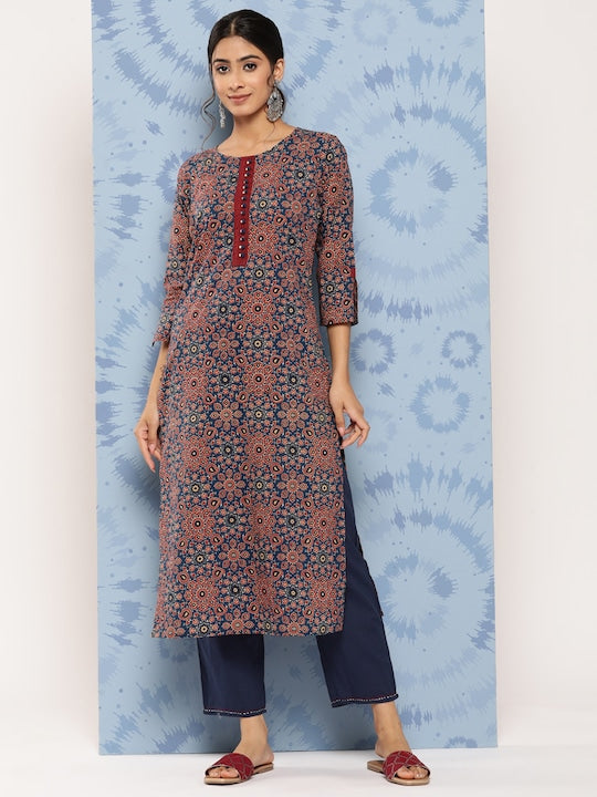 Yufta Ethnic Motifs Printed Regular Pure Cotton Kurta with Palazzos