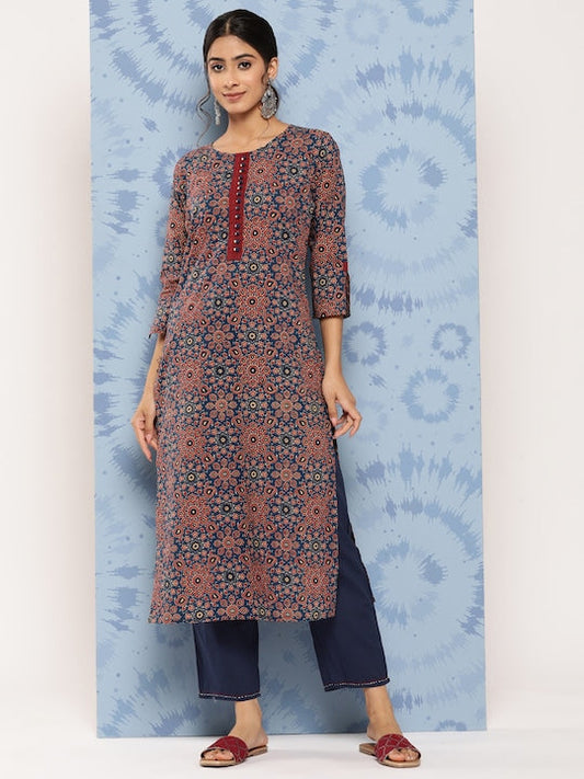 Yufta Ethnic Motifs Printed Regular Pure Cotton Kurta with Palazzos