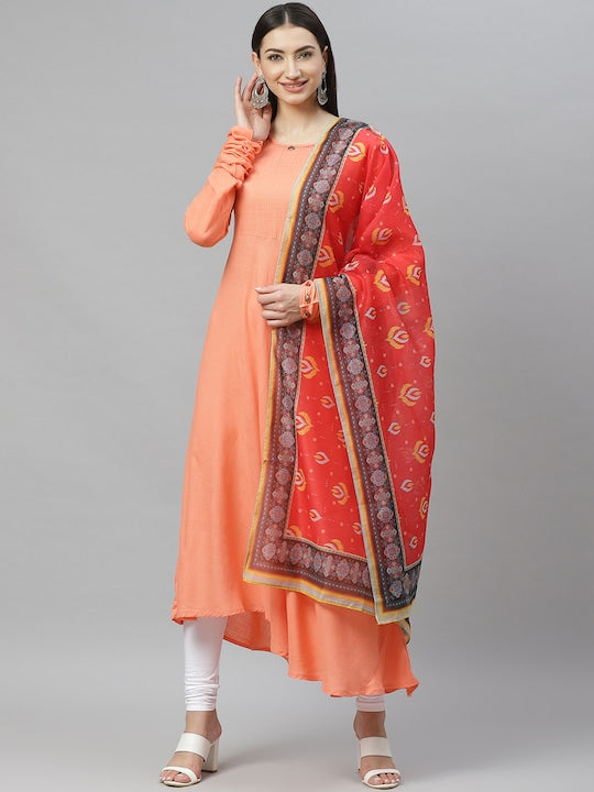 Myshka Women Peach-Coloured Solid A-Line Asymmetric Kurta With Dupatta