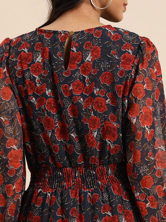 All about you Navy Blue & Maroon Floral A-Line Dress