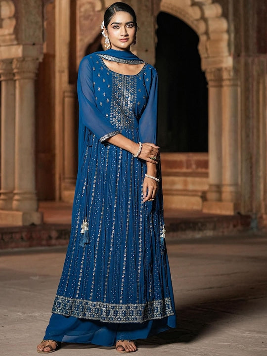 Scakhi Embroidered High Slit Sequinned Kurta With Palazzos & Dupatta