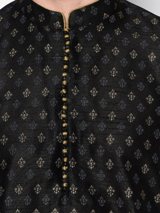 Deyann Men Black Ethnic Motifs Printed Dupion Silk Kurta