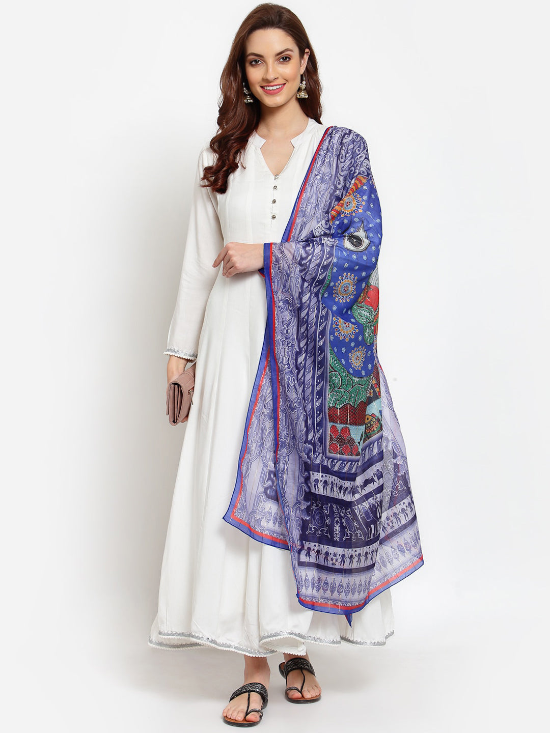 Myshka Women White Anarkali Kurta With Dupatta
