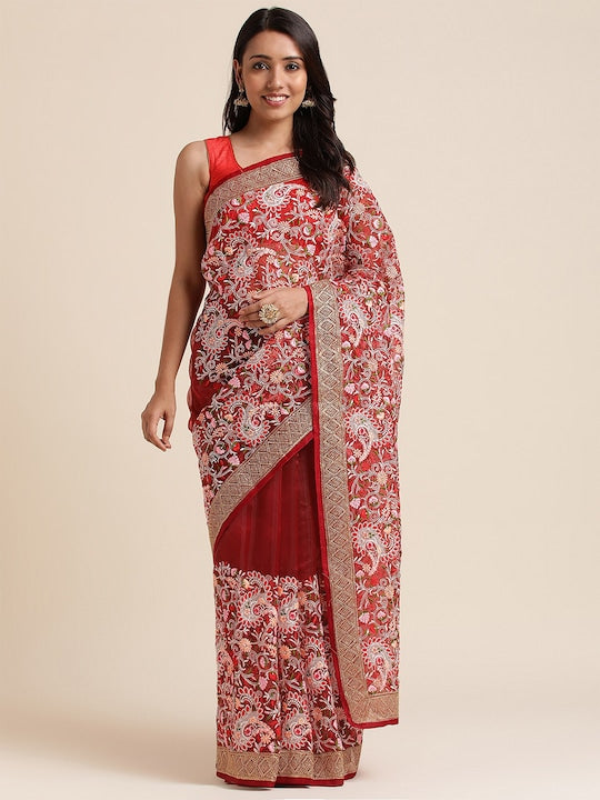 Fabmora Floral Embroidered Organza Saree