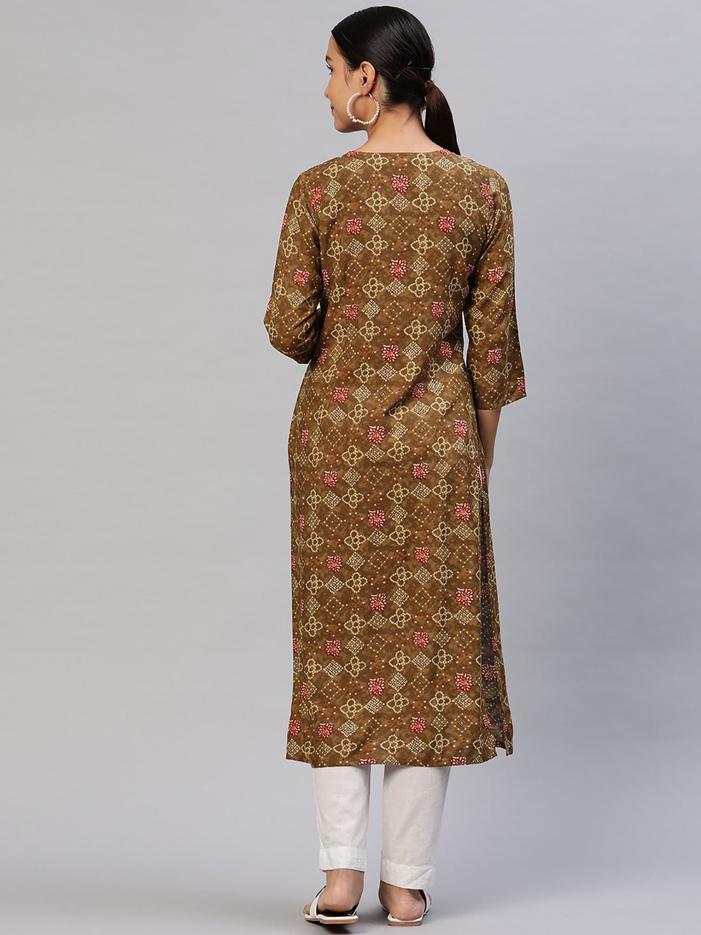 PIROH Womens Rayon Ethnic Print Straight Kurta - Brown