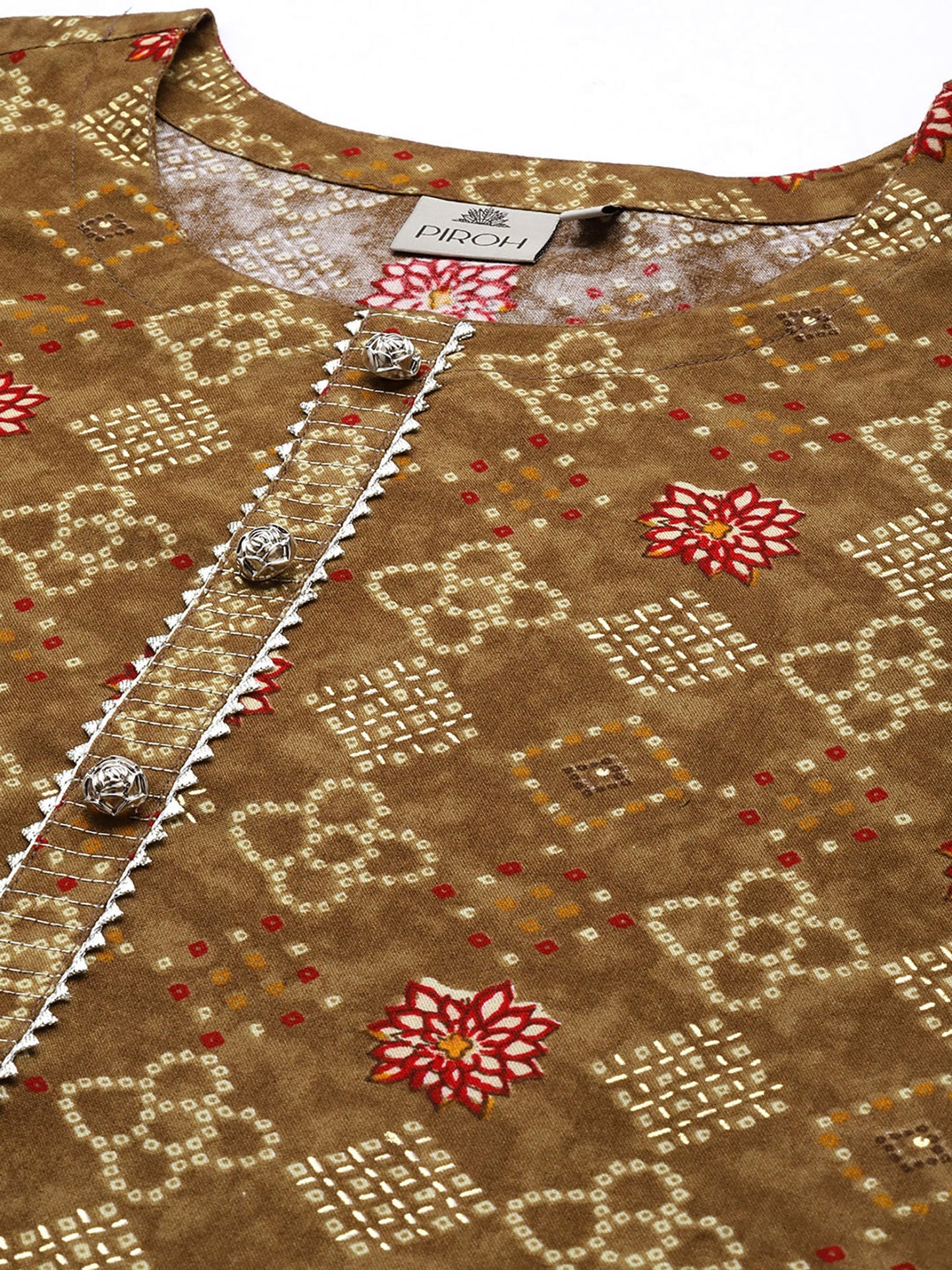 PIROH Womens Rayon Ethnic Print Straight Kurta - Brown