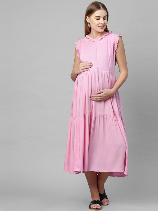 MomToBe Pink A-Line Maternity Midi Nursing Dress