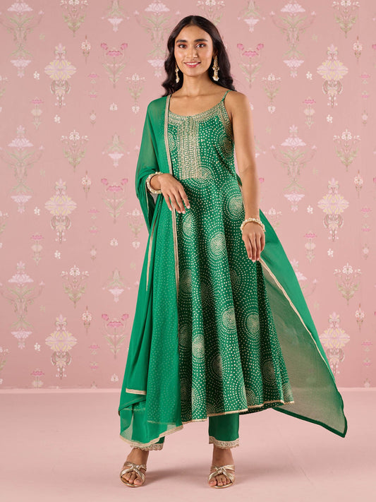 Likha Green Bandhani Printed & Embroidered Flare Kurta Pant & Dupatta (Set of 3)