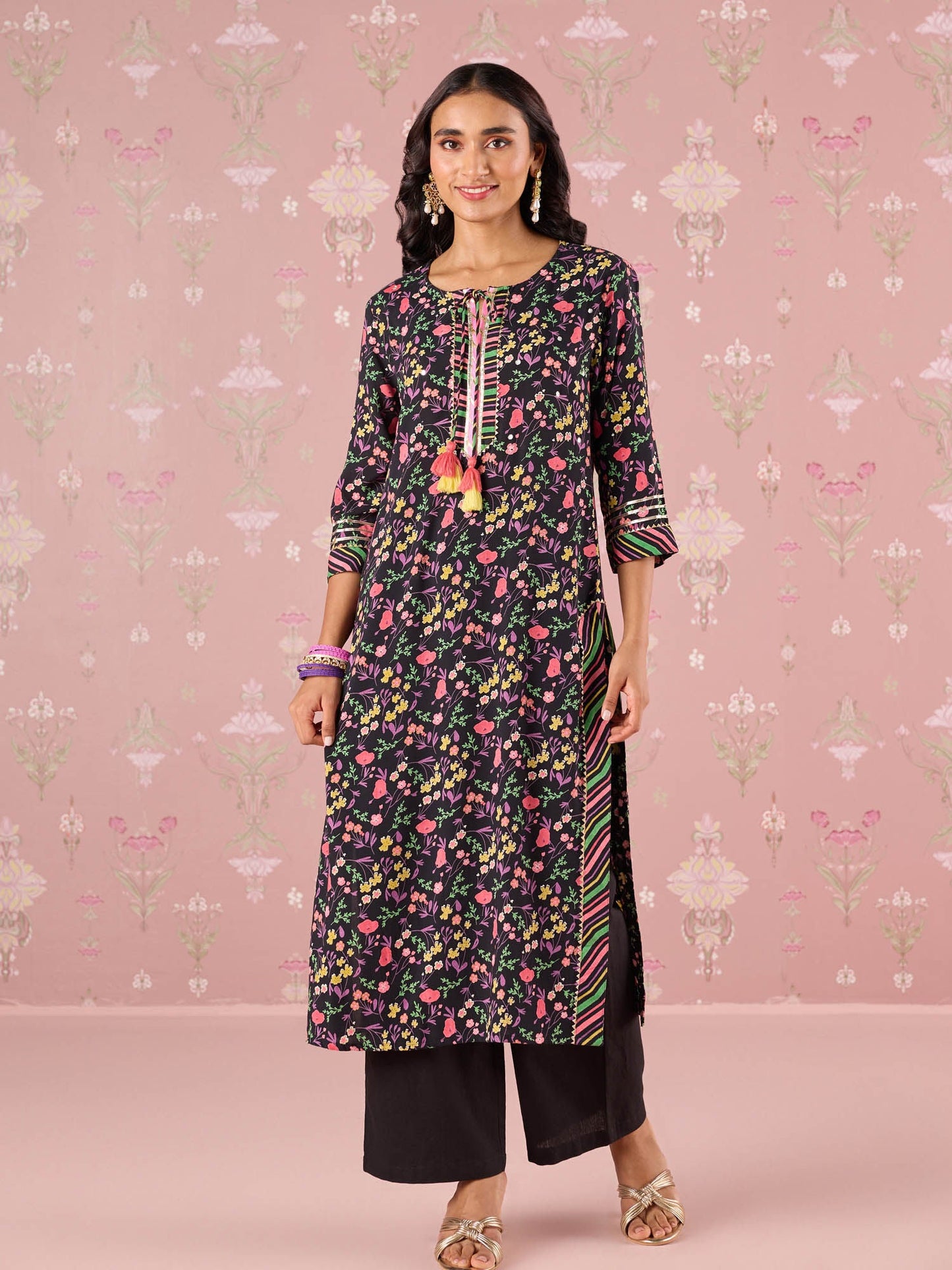 Likha Black Garden Groove Embroidered Kurta