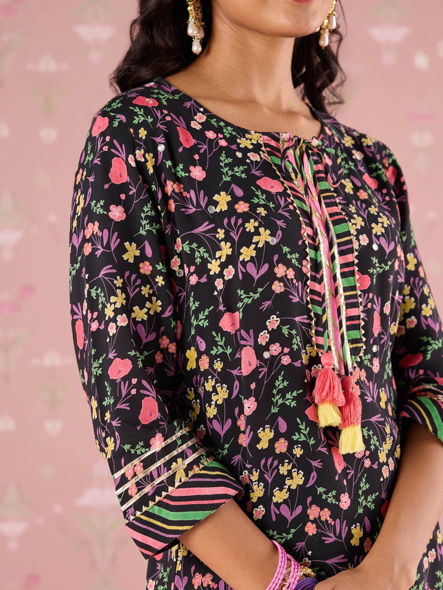 Likha Black Garden Groove Embroidered Kurta