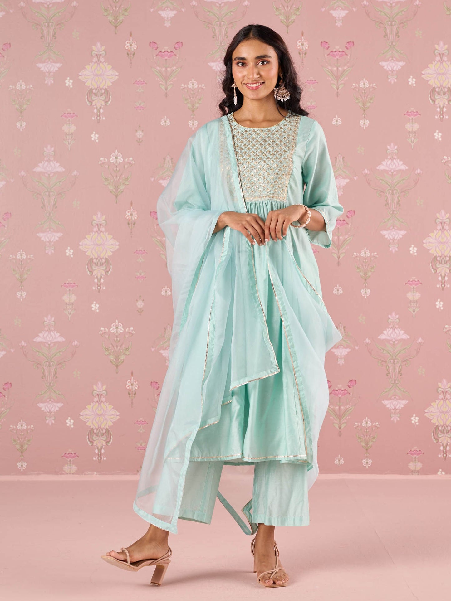 Likha Green Garden Groove Chanderi Embroidered Kurta Pant and Dupatta (Set of 3)