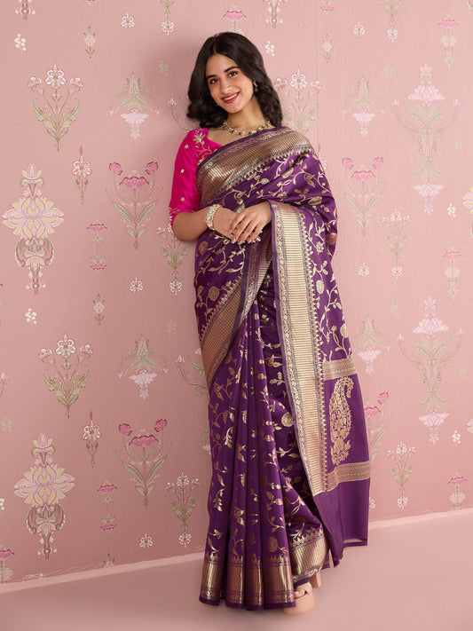 Likha Purple Karigar Korner Banarasi Silk Gold Zari Saree with Unstitched Blouse LIKKKSAR08