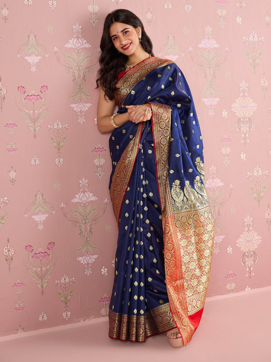 Likha Navy Blue Karigar Korner Satin Silk Zari Border Saree with Unstitched Blouse LIKKKSAR11