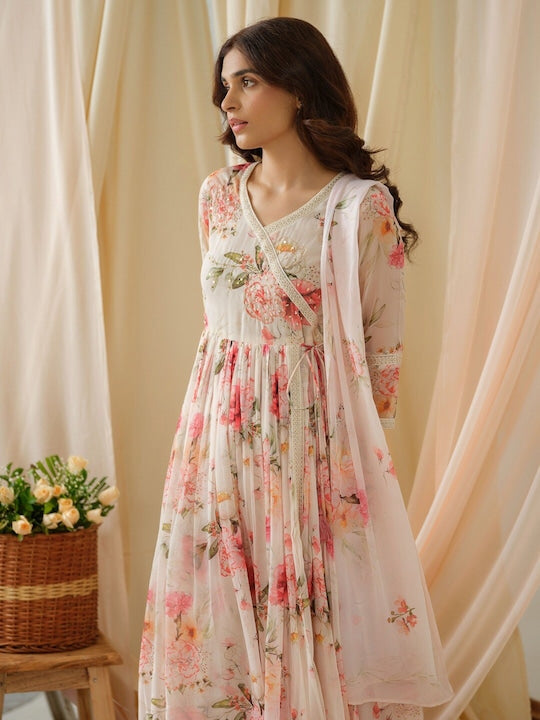 House of Pataudi Floral Printed V-Neck Empire A-Line Kurta and Trousers With Dupatta