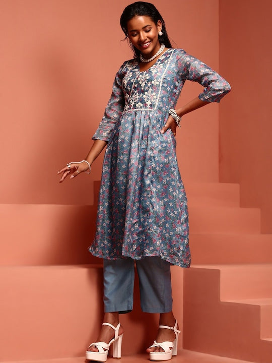 IMARA Ethnic Motifs Printed Thread Work A-Line Kurta with Trousers