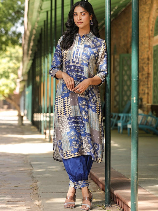 Scakhi Ethnic Motifs Printed Shirt Collar Gotta Patti Kurta With Patiala