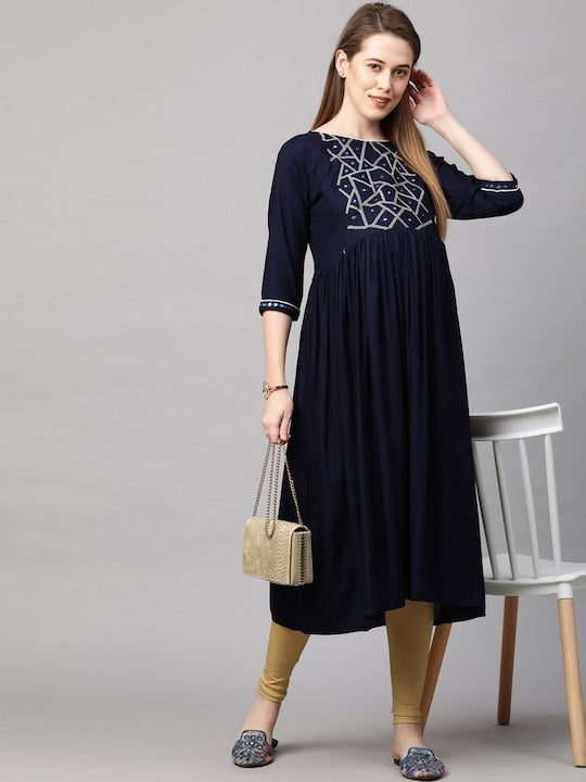MomToBe Women Navy Blue Yoke Design Mirror Work Maternity Nursing Anarkali Kurta