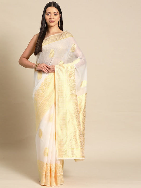Silk Land White & Gold-Toned Woven Design Zari Saree