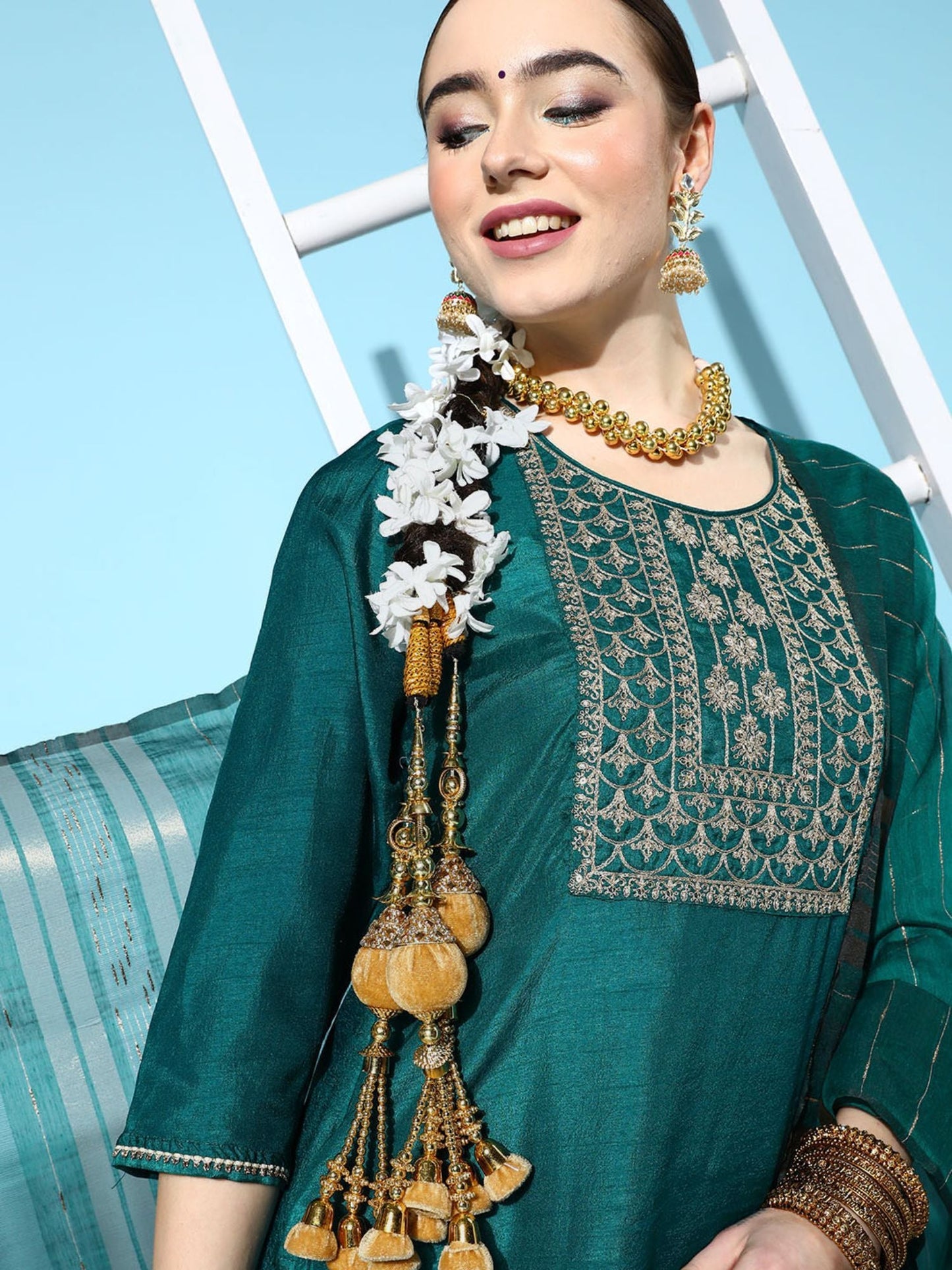 ISHIN Womens Green Yoke Design A-Line Kurta with Trouser & Dupatta (Set of 3)