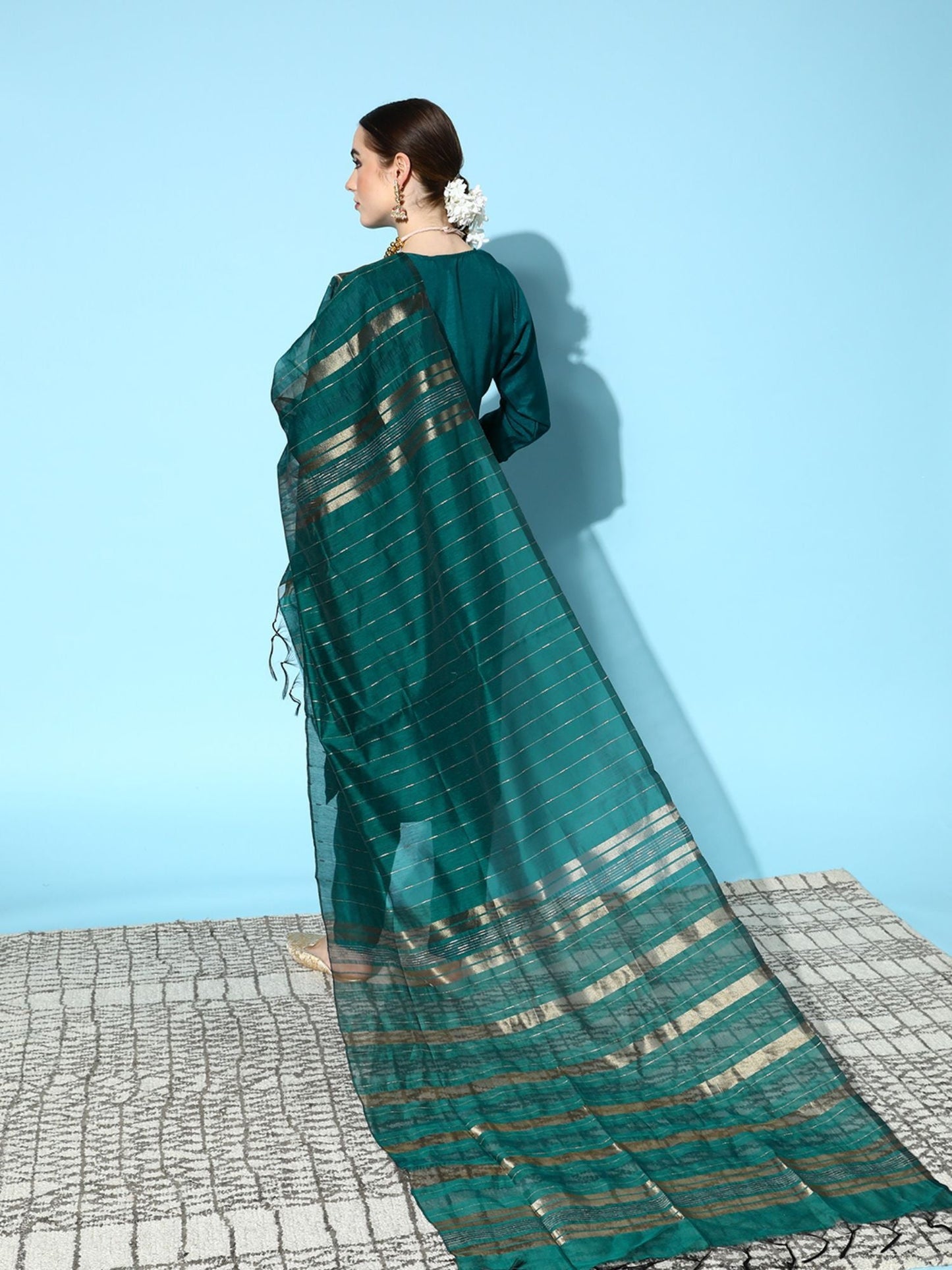 ISHIN Womens Green Yoke Design A-Line Kurta with Trouser & Dupatta (Set of 3)