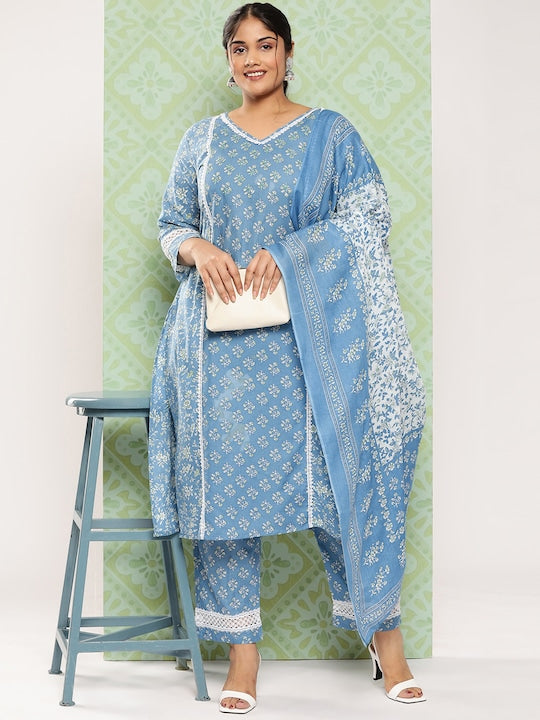 Yufta Plus Size Floral Printed Regular Pure Cotton Kurta with Trousers & Dupatta