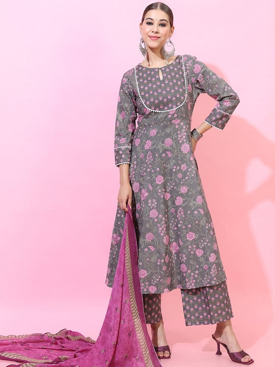 Vishudh Women Grey Floral Printed Pure Cotton Kurta with Palazzos & Dupatta