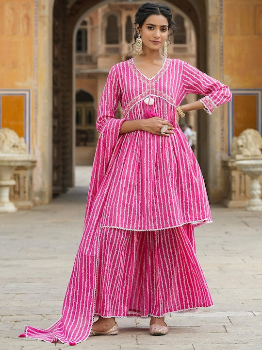 SCAKHI Bandhani Printed Pleated Beads and Stones Pure Cotton Kurti With Sharara & Dupatta