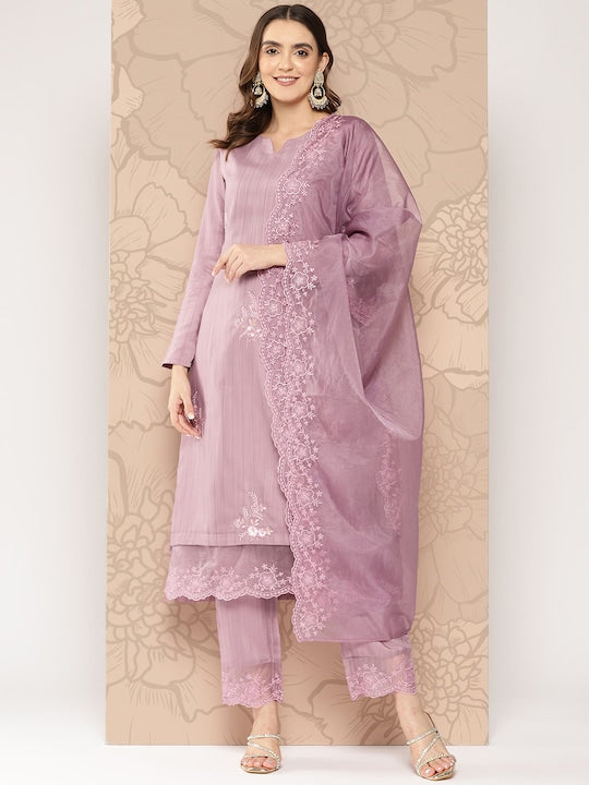 Yufta Women Floral Embroidered Regular Thread Work Kurta with Trousers & With Dupatta