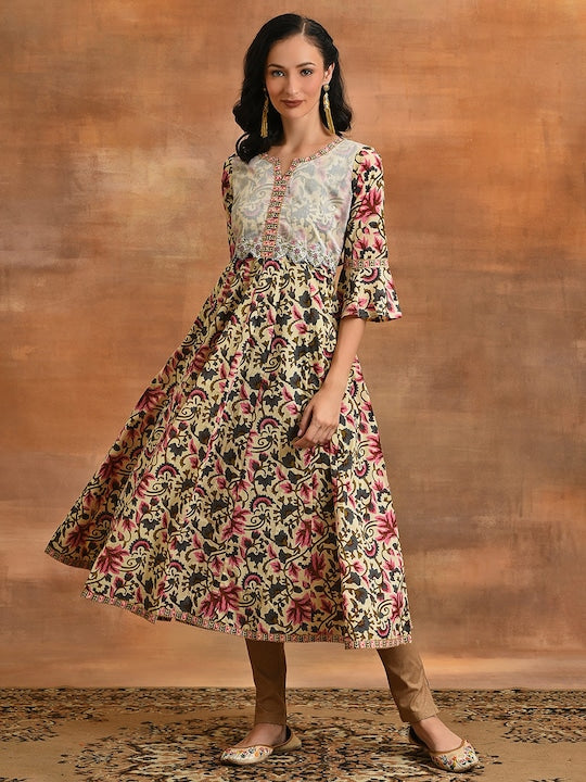 AKS Floral Printed Bell Sleeves Cotton Maxi Dress