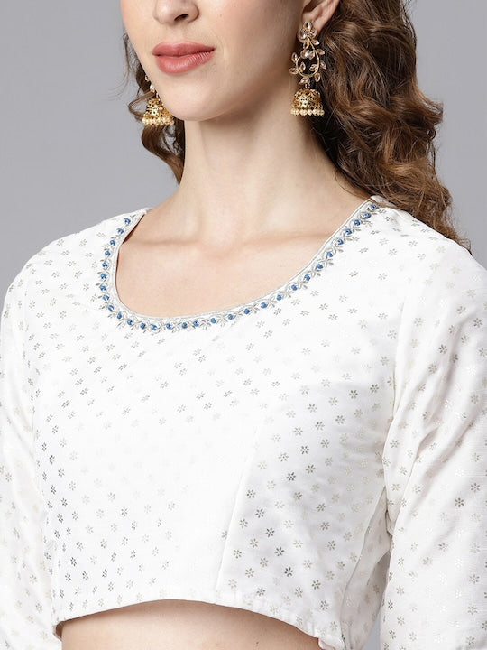 Janasya Women White Foil Floral Printed Lehenga Choli With Dupatta