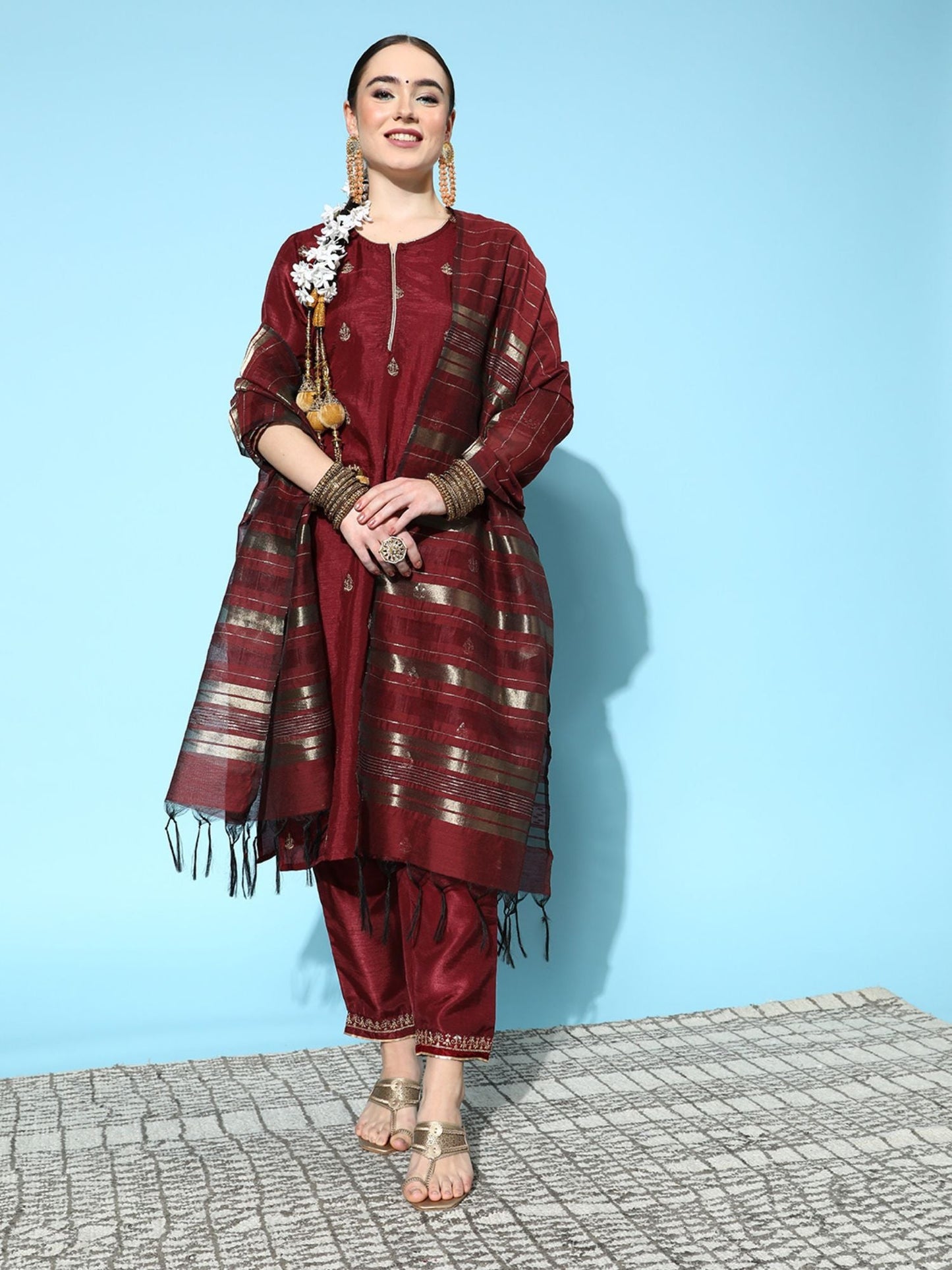 ISHIN Womens Maroon Embroidered A-Line Kurta with Trouser & Dupatta (Set of 3)