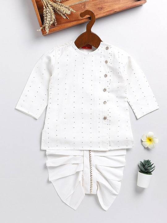 Vastramay Sishu Boys Striped Embroidered Sequinned Angrakha Kurta With Dhoti Pants