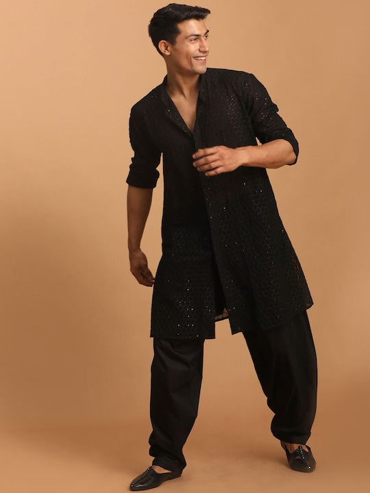 Vastramay Geometric Embroidered Sequinned Kurta with Pyjamas