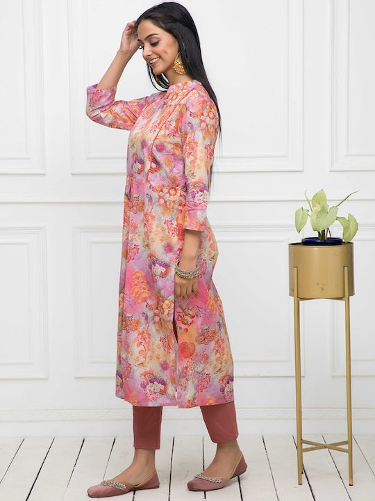 Myshka Floral Printed Cotton A-Line Kurta