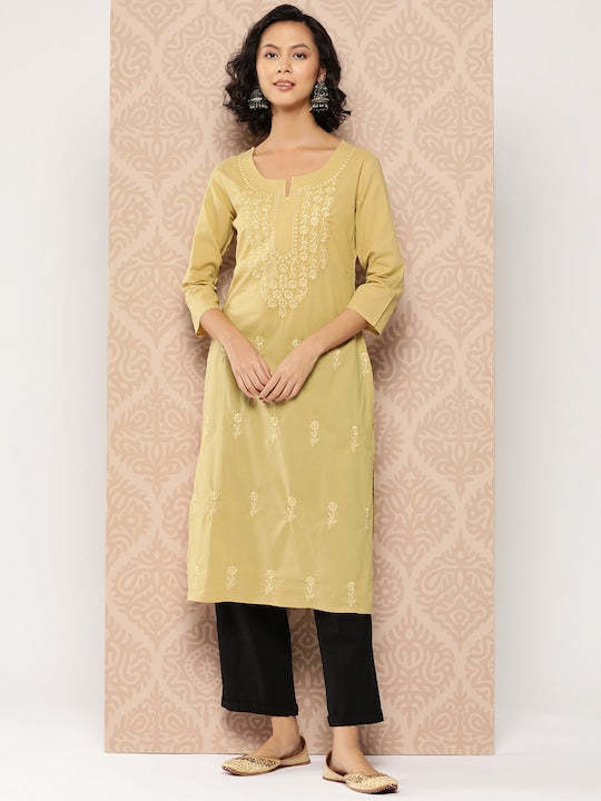Yufta Floral Embroidered Chikankari Cotton Kurta